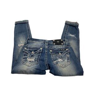 Miss Me Cropped Jeans Sz 24 Aztec Embroidered Cuff Bling Pockets